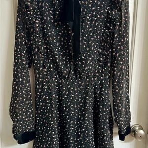Lush Black Floral Mini Dress with Velvet Bow & Cuffs